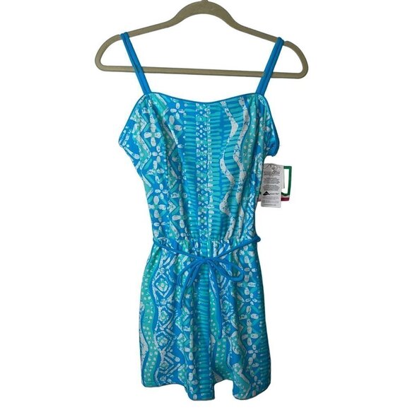 Sea Waves Vintage Womens Swim Romper Size 14 Blue White Abstract Belted New
